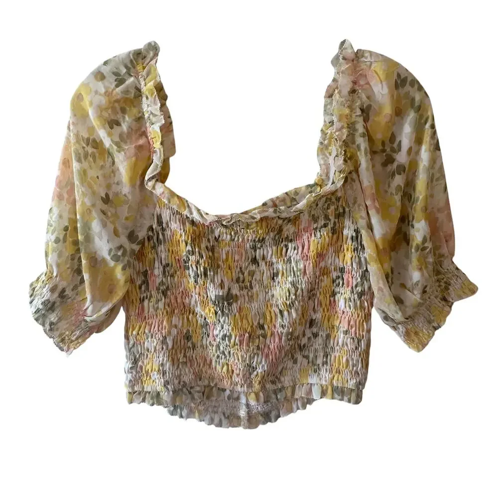 Astr Pastel Floral Smocked Square-Neck Blouse in Yellow and Pink